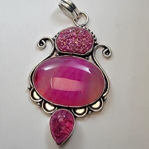 Necklace Pendant Pink Chalcedony with Druzy Quartz in Sterling Silver Scrollwork